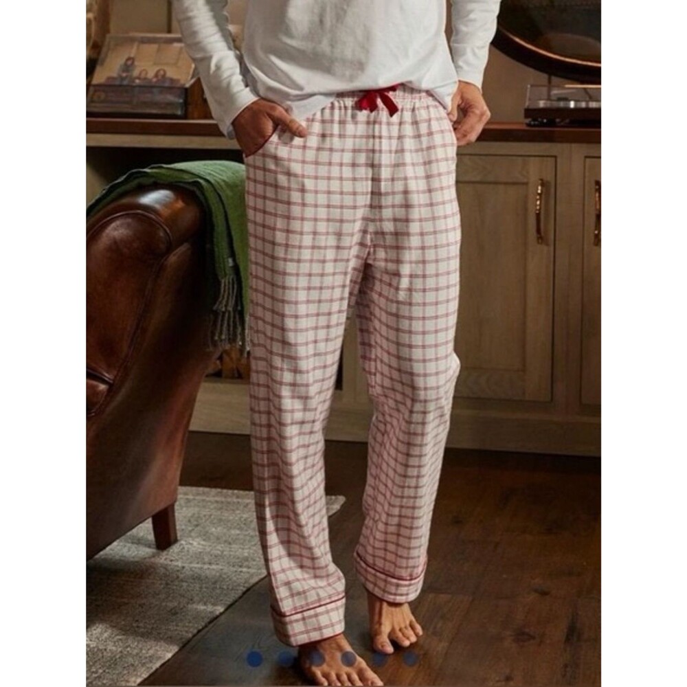 Lake Men’s White Red Flannel Windowpane Plaid Piped Cotton Pajama Pants Medium